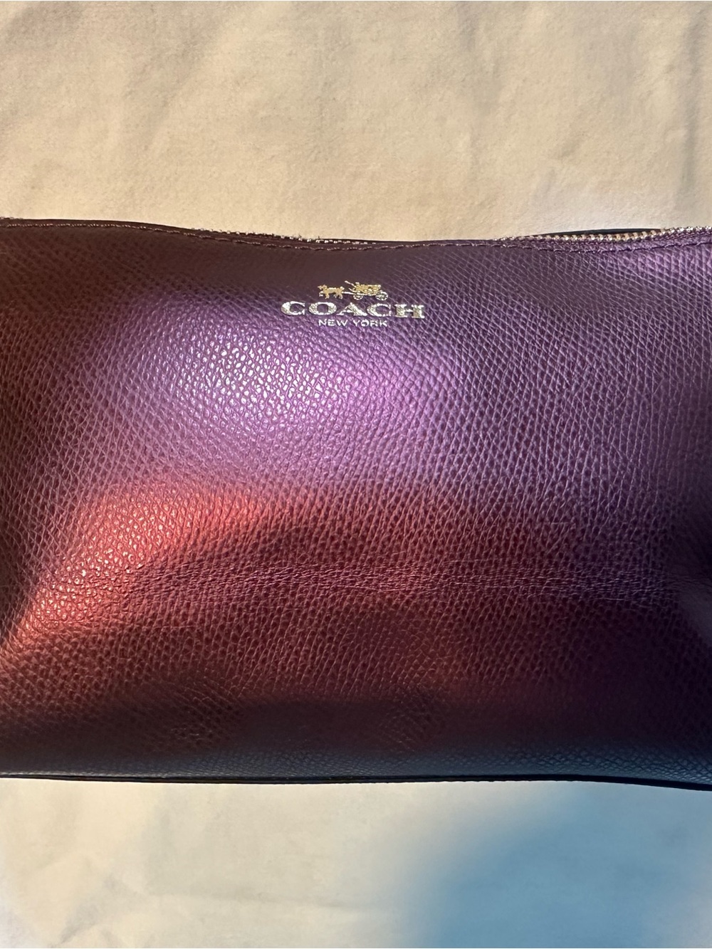 Coach Metallic Plum Leather Cosmetic Pouch with Gold Logo